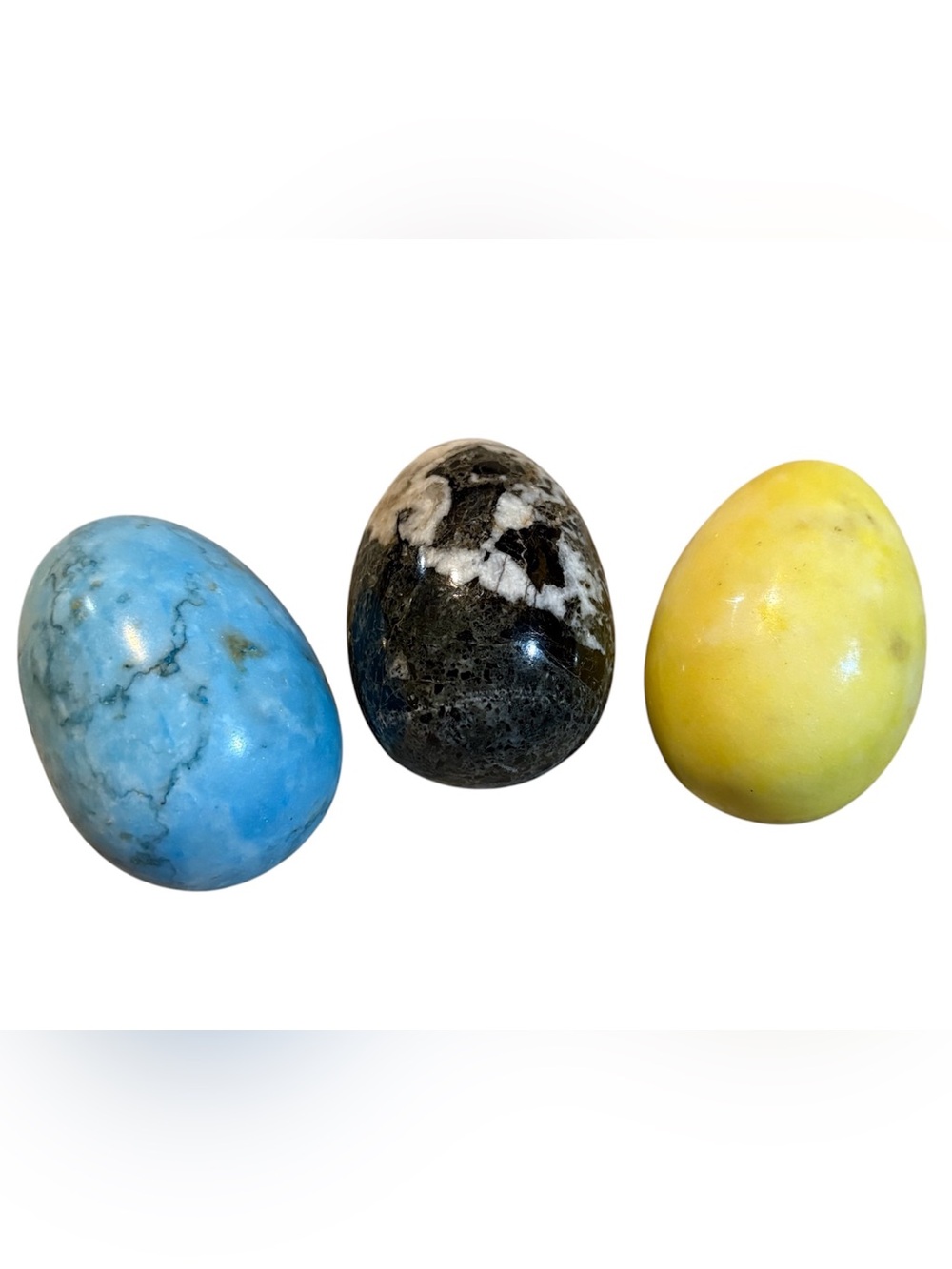 Three large alabaster eggs ~3” tall